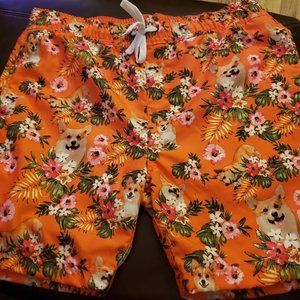 BLACK MATTER Orange Corgi & Flower Swim Trunks